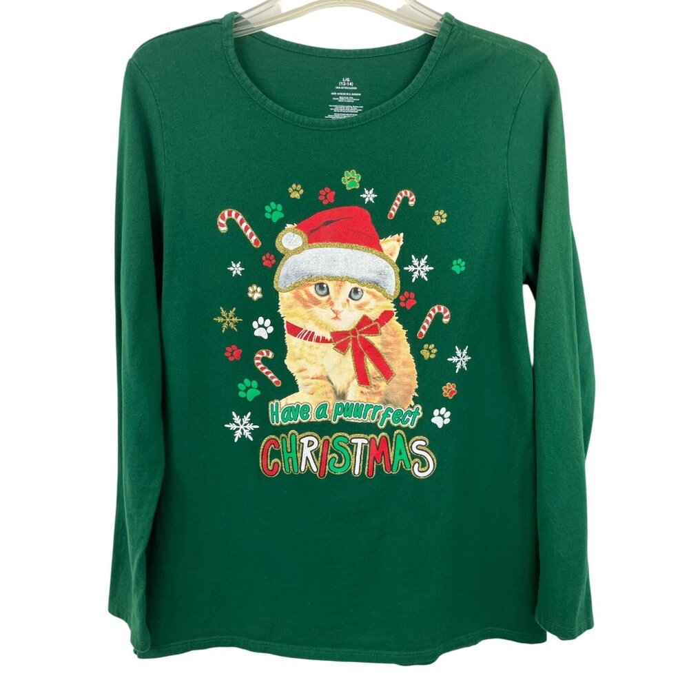 Have A Puurrfect Christmas Cat Themed Holiday Long Sleeve T-shirt Womens Size L